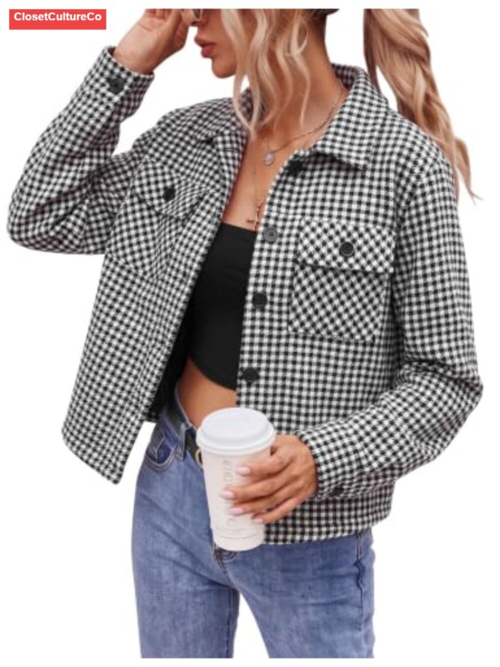 Cropped Plaid Shacket Flannel Long Sleeve Button Down Jacket